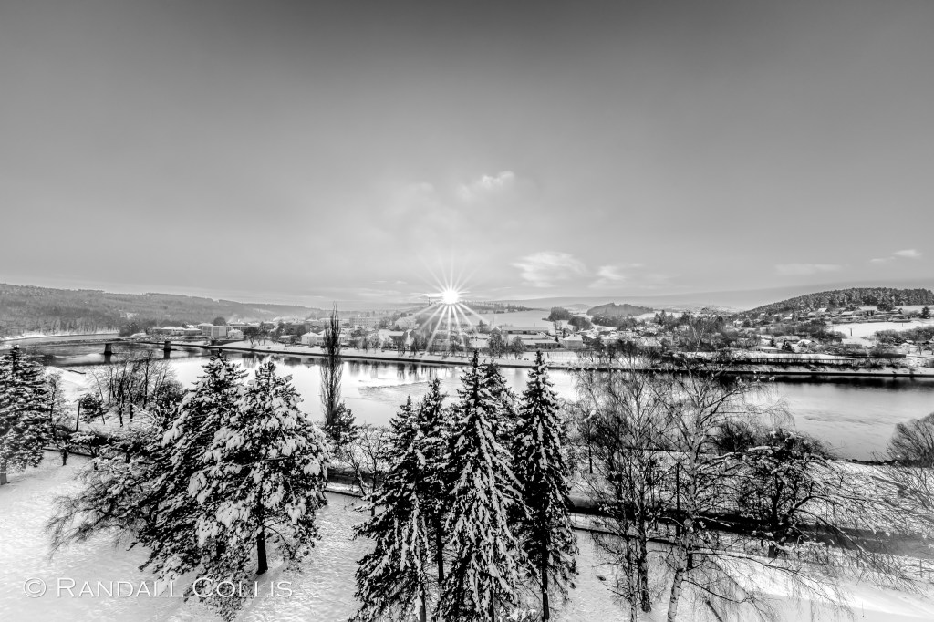 Sunset at Kamyk nad Vltavou over the Vltava River B&W